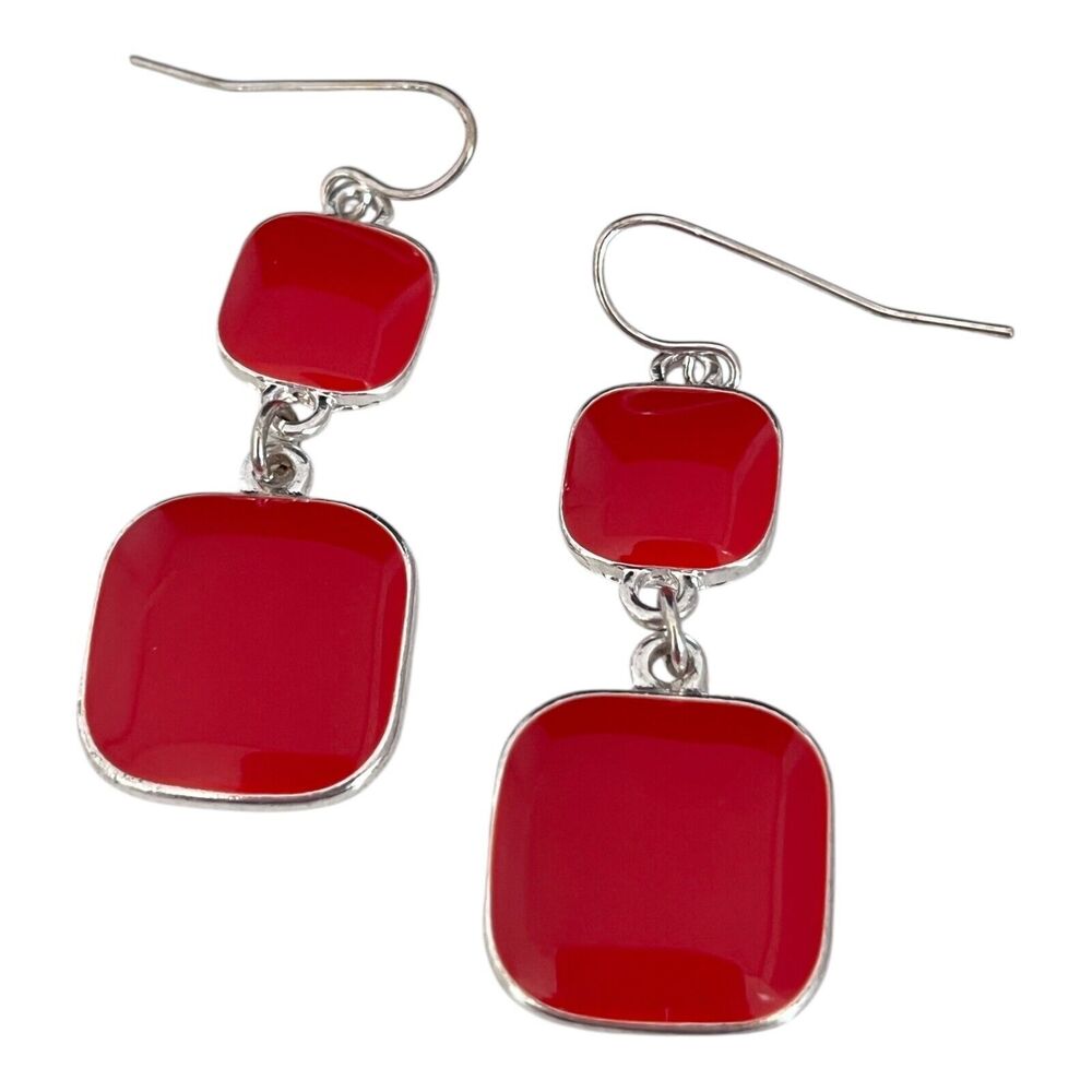 New Red Enamel Earrings Pierced Silver Tone - 10O
